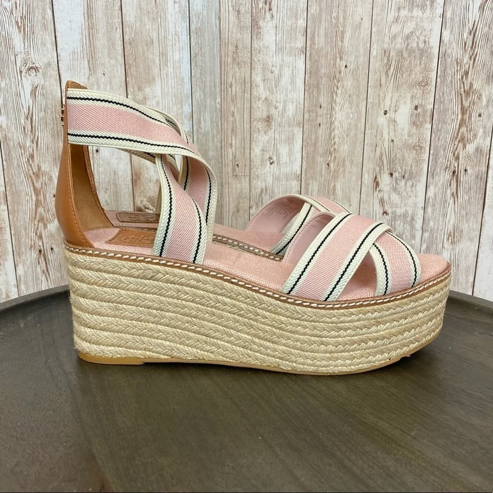 Tory Burch Frieda Espadrille Wedge Sandal‎ Blush Stripe/Tan Size 9.5 Women